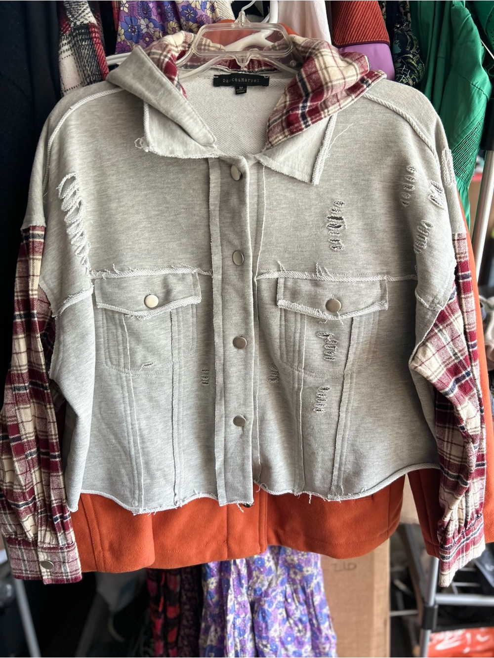Dance & Marvel Gray Hoodie with Red Plaid Sleeves